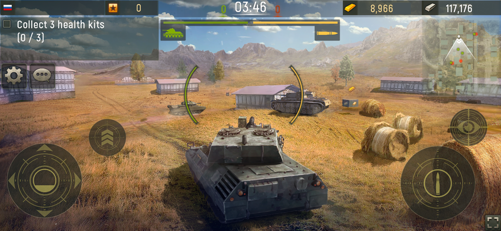 Grand Tanks: Online War Game - Gameplay screenshot of Grand Tanks showing a third-person view of a tank on a 3D battlefield with mobile touch controls