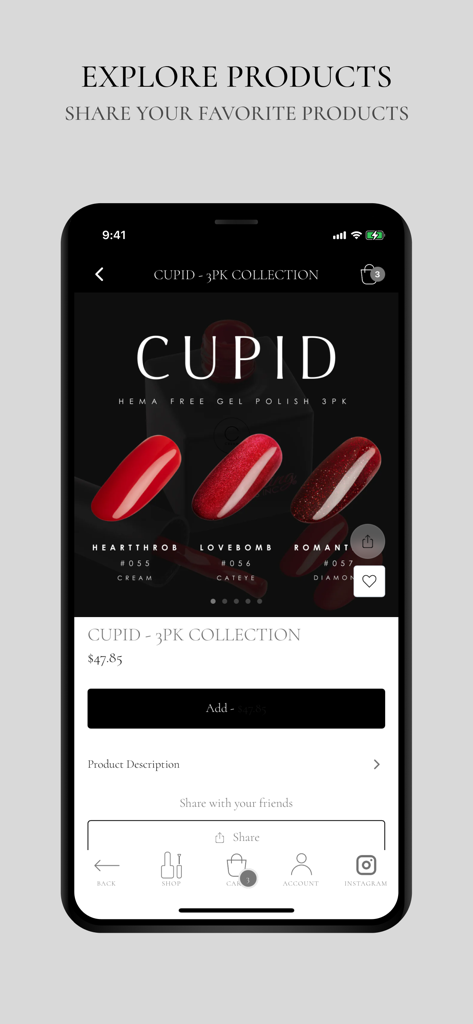 Ugly Duckling Nails Inc. - Ugly Duckling Nails app product page showing the Cupid 3 pack gel polish collection