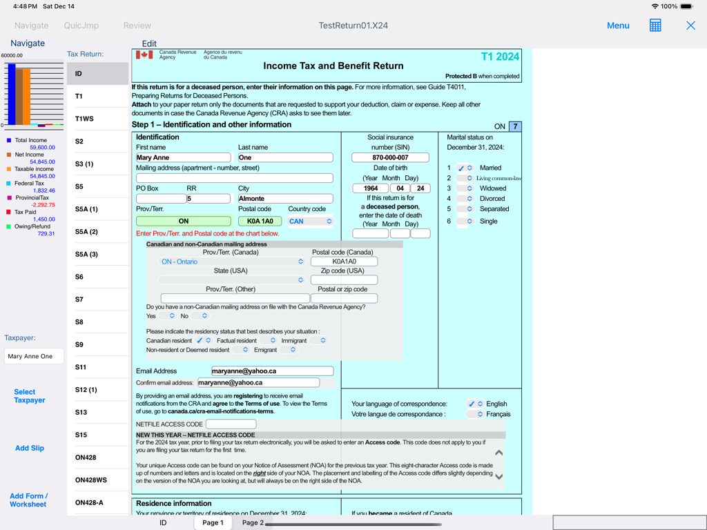 TaxFreeway 24 - TaxFreeway 24 app interface displaying a Canadian T1 2024 income tax and benefit return form on iPad