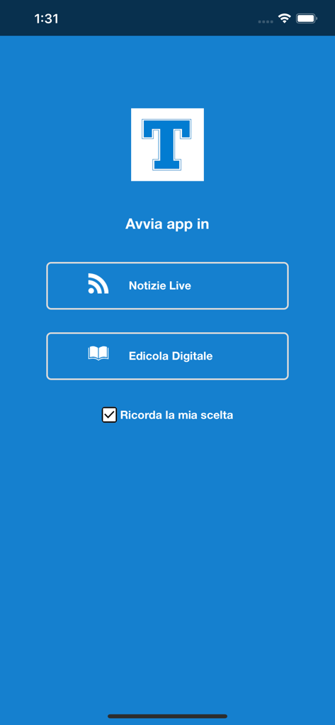 Il Tempo edizione digitale - Schermata di avvio dell'app Il Tempo che mostra le opzioni tra notizie in tempo reale e l'edicola digitale su sfondo blu
