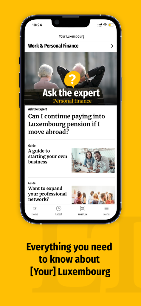 Luxembourg Times - Luxembourg Timesアプリの「仕事と個人金融」セクションのスクリーンショット。年金とプロフェッショナルネットワーキングに関する記事が表示されています。