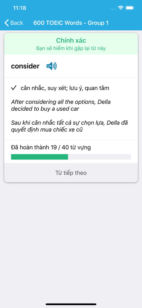English Dictionary ProDict - English Dictionary ProDict app interface showing a TOEIC vocabulary lesson for the word consider with Vietnamese definitions and example sentences