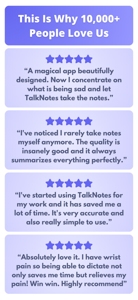 Positive user reviews and testimonials for the Talknotes AI Voice Notes app