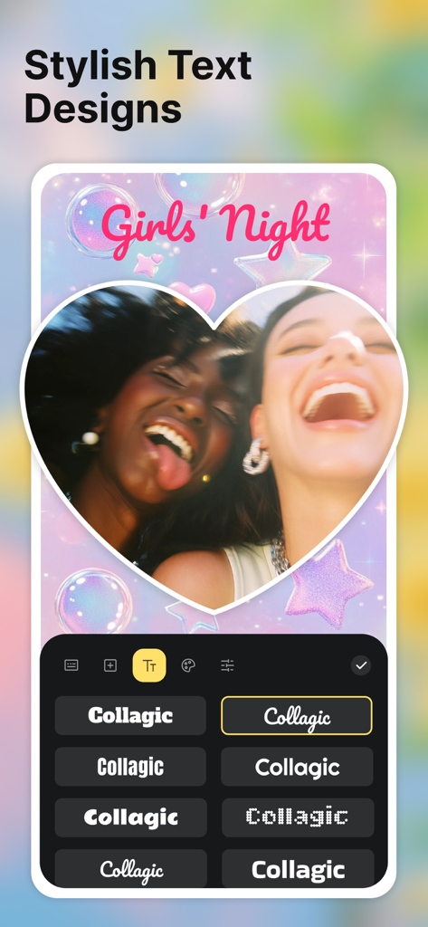 Photo Collage Maker: Collagic - Un écran montrant des conceptions de texte élégantes et des options de police dans l'éditeur de photos Collagic.
