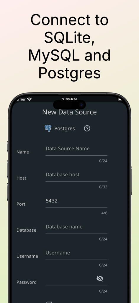 SQL Database Manager DB Client - Uma interface de aplicativo móvel mostrando campos para conectar a um banco de dados Postgres, incluindo host, porta e credenciais