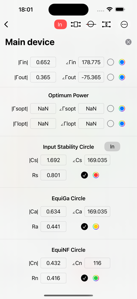 Smith Charts - Screenshot of the Smith Charts app showing numerical data for input stability and noise circles for RF engineering.