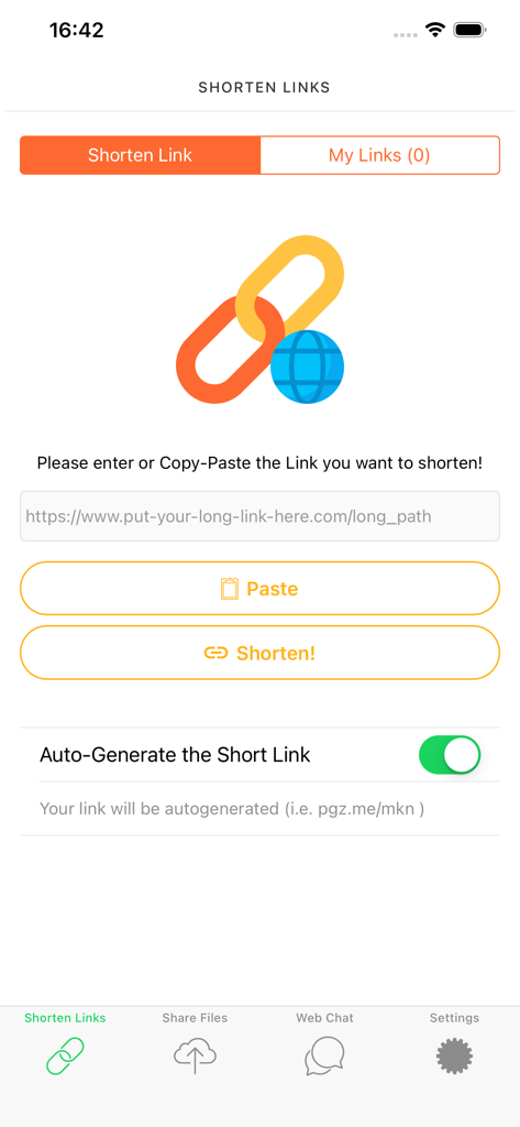Interface of the Web Dual app showing the link shortener tool with a URL input field and shorten button