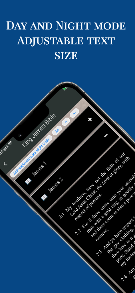 King James Bible - KJV Offline - King James Bible app showing night mode and adjustable text size features