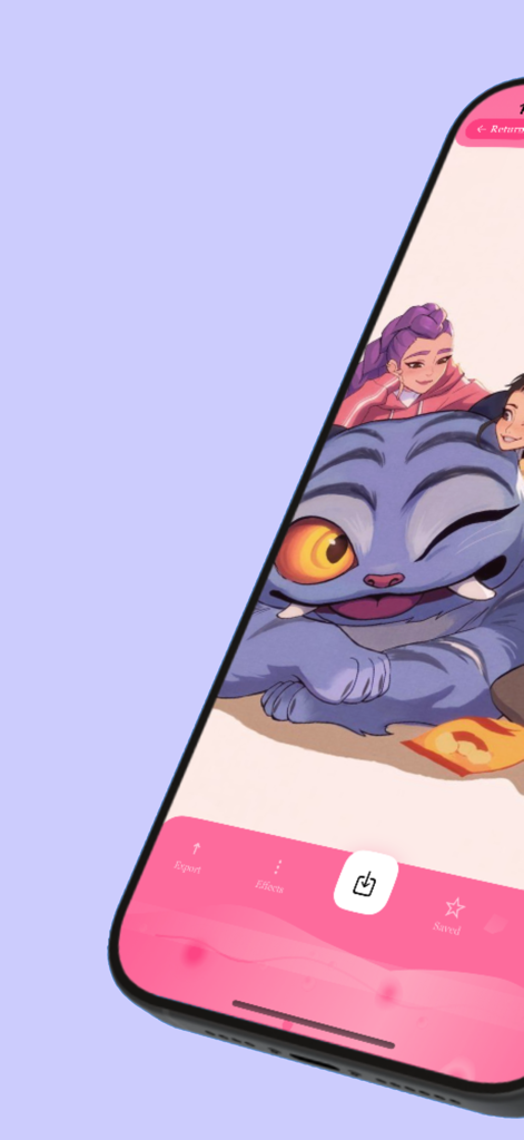 Mobile app interface displaying a colorful fanart wallpaper of a K-pop girl and a friendly blue monster.