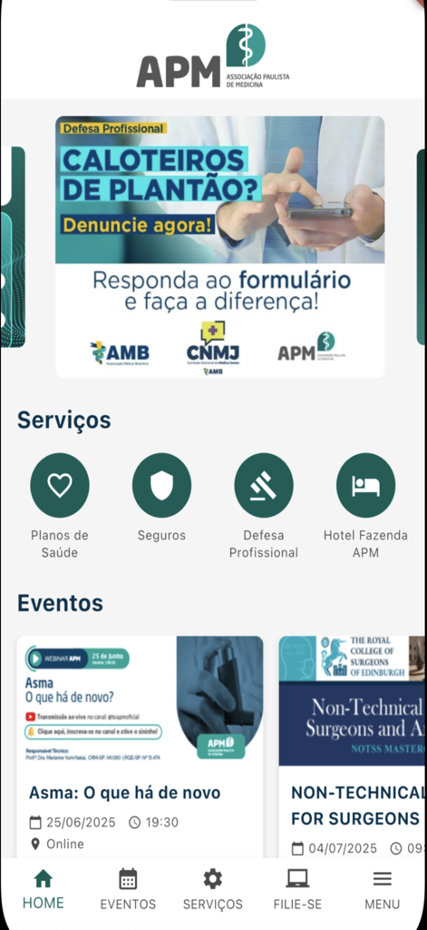 App APM - APM医療協会のアプリのホーム画面。専門サービスと今後の医療イベントが表示されています。