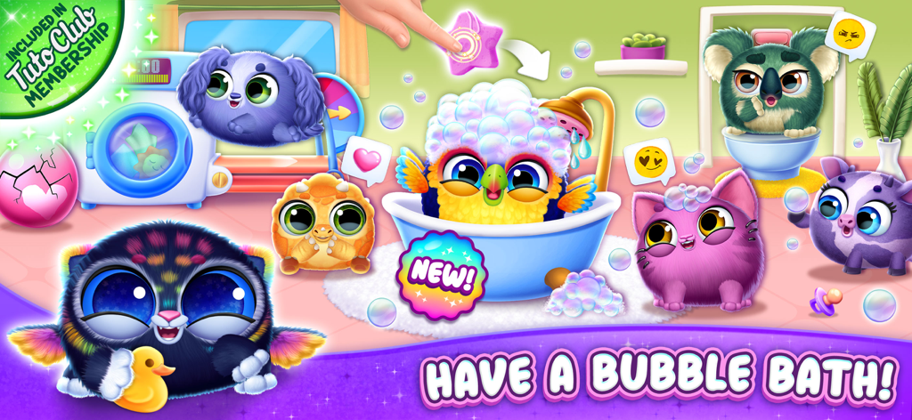 Smolsies 2 - Cute Pet Stories - Un grupo de coloridas mascotas de pompón en una sala de juegos, una de ellas tomando un baño de burbujas