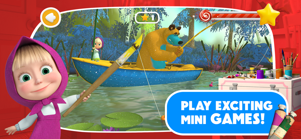 Masha and the Bear: Painting - テキスト「エキサイティングなミニゲームをプレイ」とともにボートで釣りをしている熊の隣で、大きな絵筆を持っているマーシャ。 