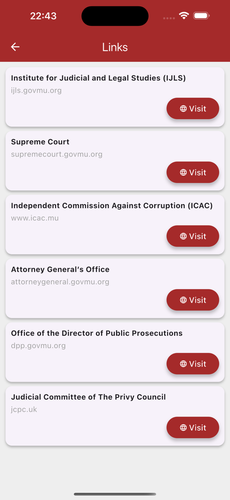 Screen showing a list of useful website links for legal and judicial institutions in Mauritius