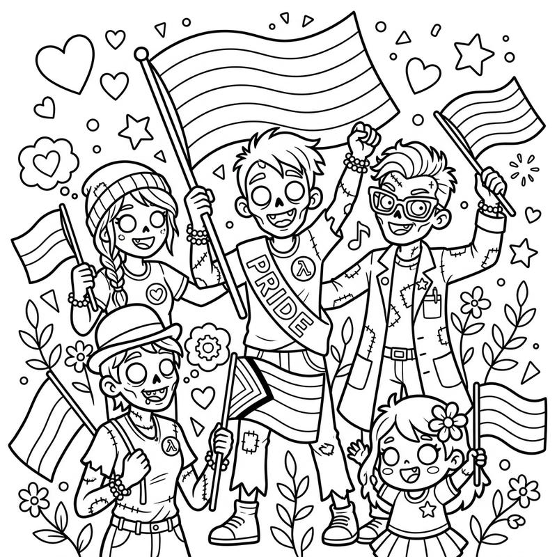 Get ready for a truly unique celebration with our Intelligent Zombies Pride coloring page! This engaging design combines spooky fun with the joyous spirit of Pride Month, inviting you to add a splash of color to an unexpected parade.