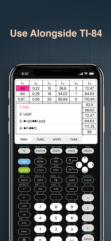 Calculate84 for Institutions - Calculate84 for Institutions app interface showing a data table and fraction menu on an iPhone