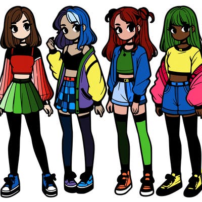 one girl with crop-top shirt and a jacket with a skirt, long socks and another girl with a shirt and pants with a jacket