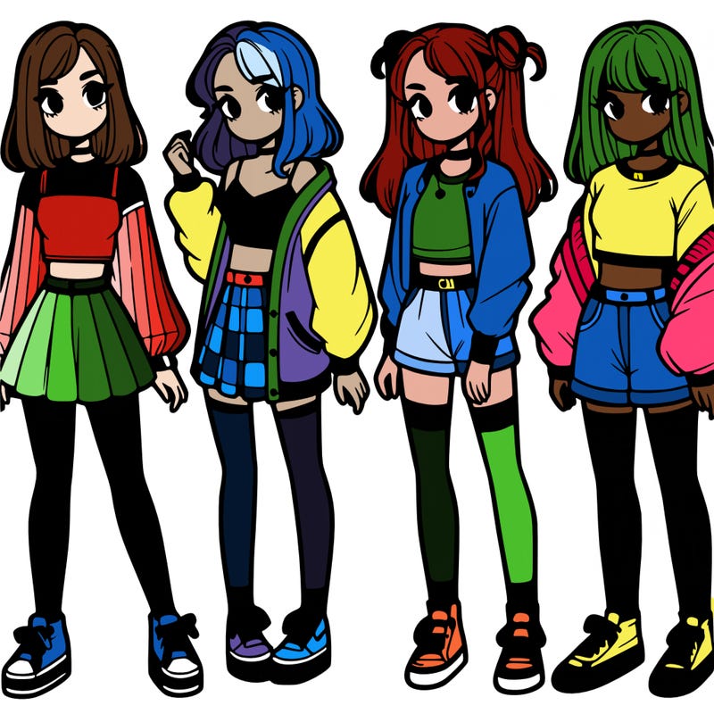 one girl with crop-top shirt and a jacket with a skirt, long socks and another girl with a shirt and pants with a jacket