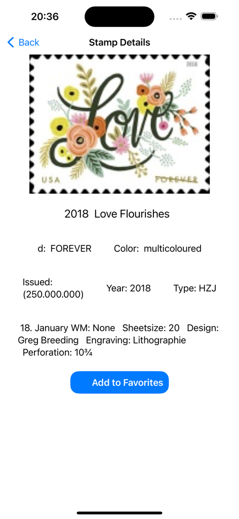 Stamp Collector: World Catalog - Detailed information for the 2018 Love Flourishes US postage stamp including design and issue year