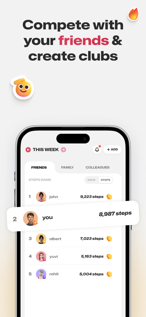 Fitmint: Walk & Steps tracker - Fitmint mobile app displaying a weekly step competition leaderboard among friends