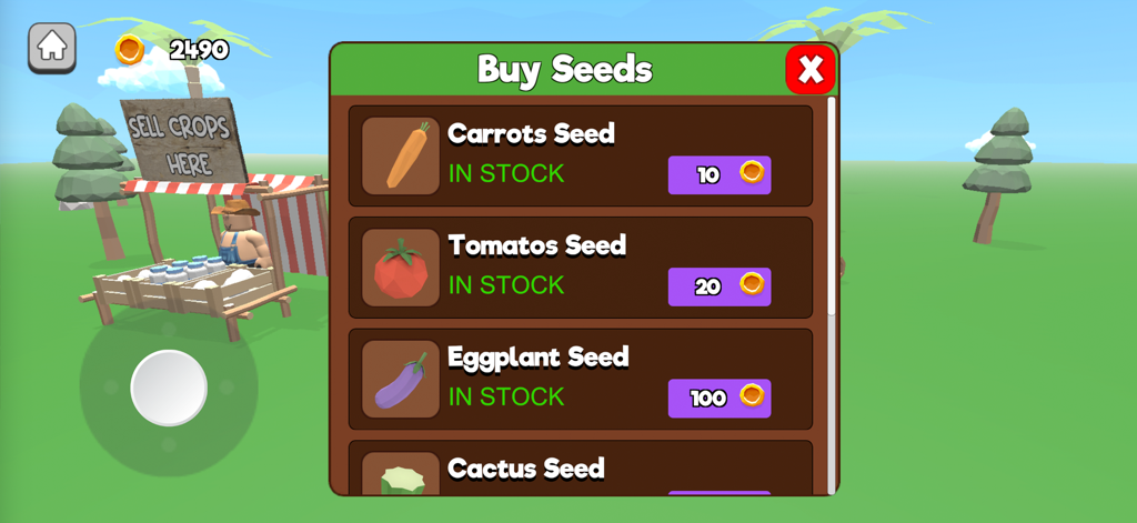 Grow My Garden + - Menú Comprar Semillas en Grow My Garden mostrando opciones de zanahoria, tomate y berenjena con precios