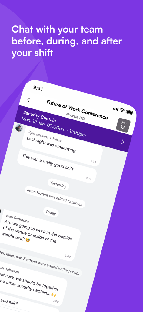 In-app team chat screen in the Nowsta Workers app for shift coordination and communication.