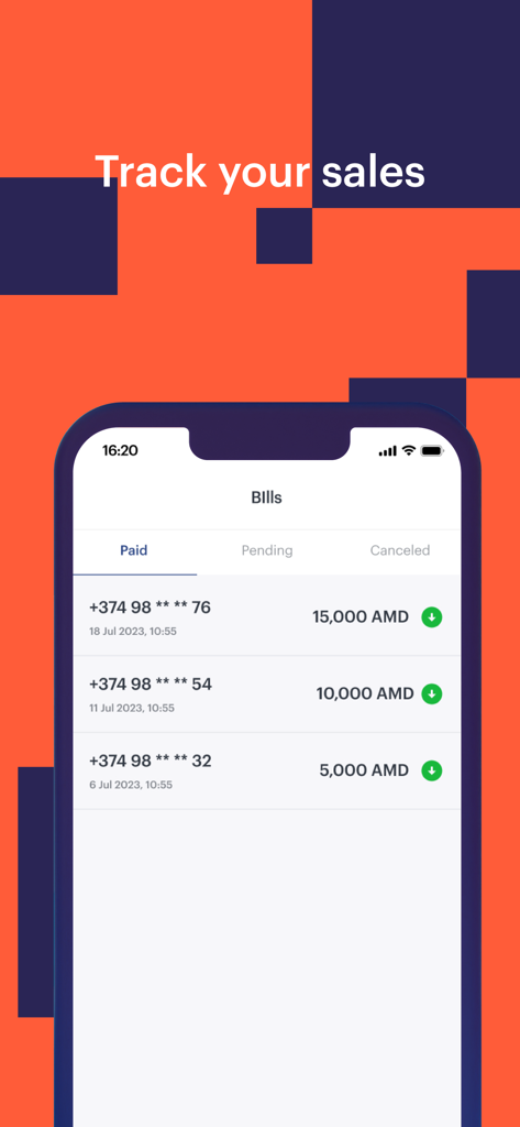 Telcell Business - Interface of Telcell Business app displaying a list of paid sales transactions