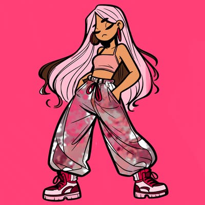 girl in baggy pants crop top and long hair