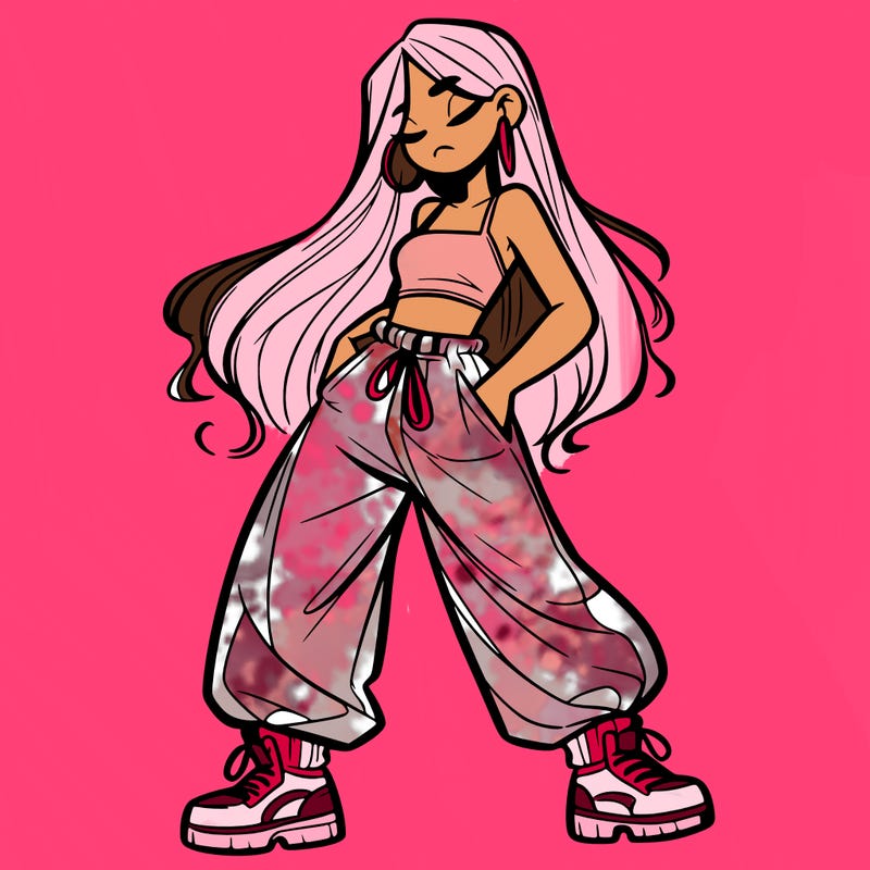 girl in baggy pants crop top and long hair