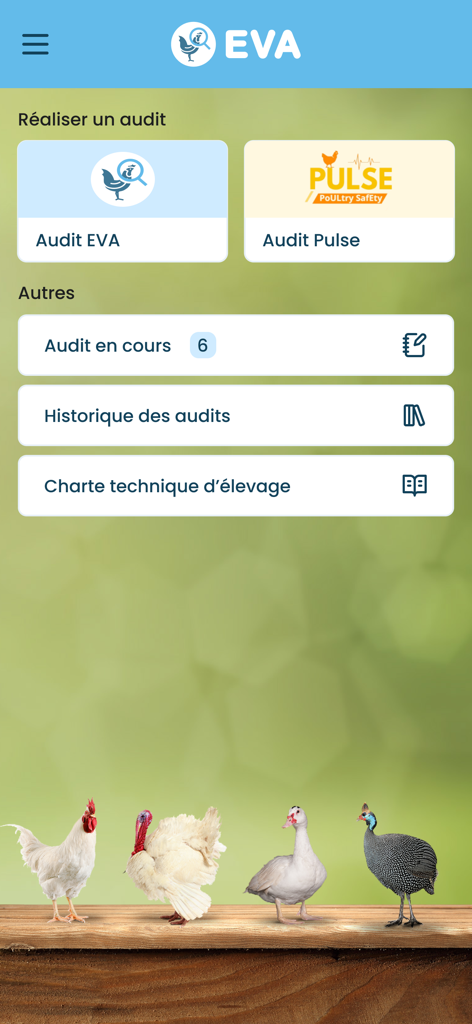 Dashboard dell'app di audit avicolo EVA che mostra le opzioni di ispezione e i tipi di pollame