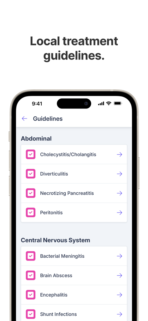 Firstline app interface displaying localized clinical treatment guidelines for abdominal and central nervous system infections