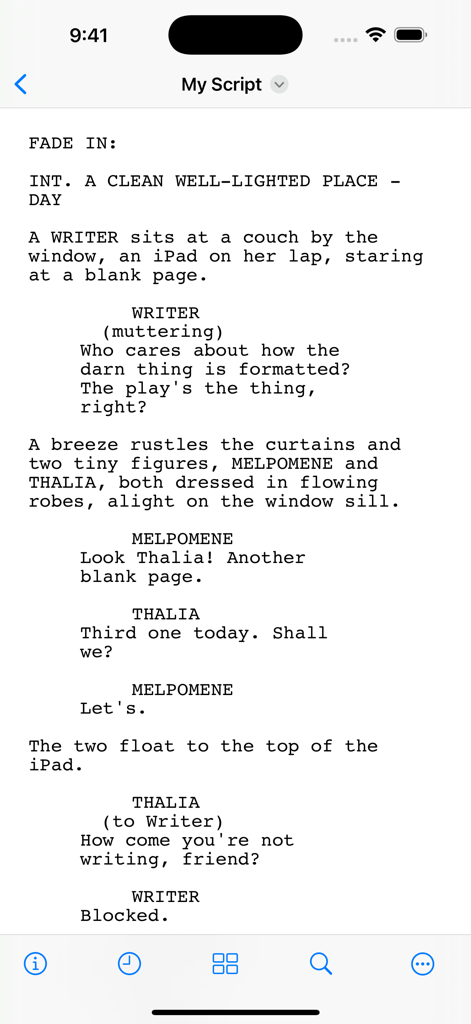 Storyist 4 - Mobile screen of Storyist 4 app showing a professionally formatted screenplay script.