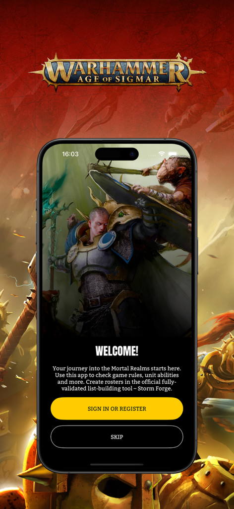 Welcome screen of the Warhammer Age of Sigmar app featuring fantasy artwork and options to sign in or register