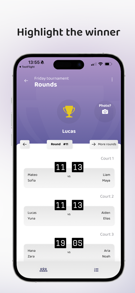 Americano Padel - A smartphone screen displaying match scores and tournament round results in the Americano Padel app