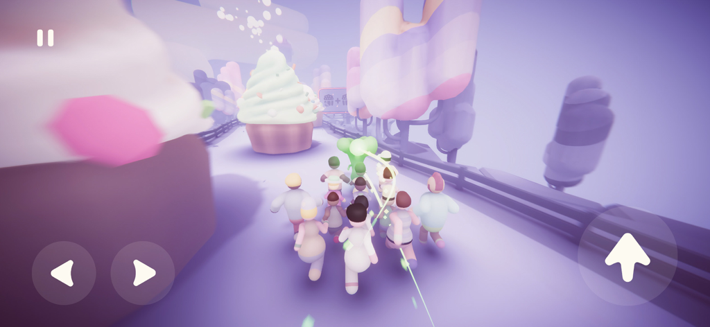 Populus Run - Una multitud de personajes corriendo a través de un mundo pastel hacia un cupcake gigante
