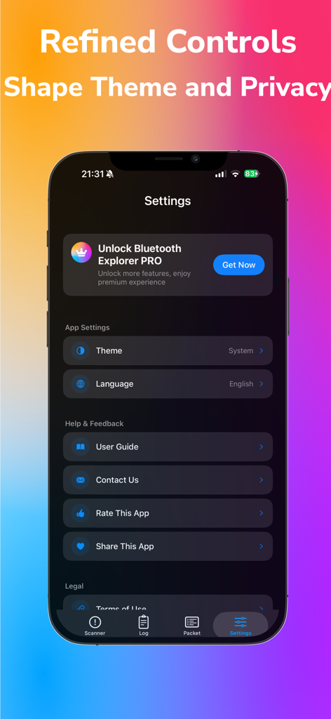 Bluetooth Explorer:AI Terminal - Settings screen of Bluetooth Explorer AI Terminal app showing theme language and help options.