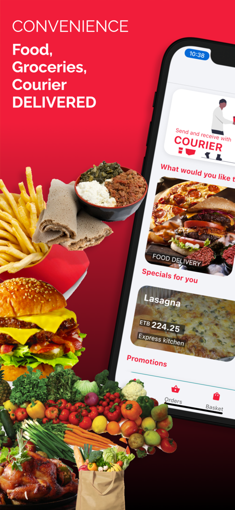 ZMall Delivery app interface showing food grocery and courier services with local merchant listings