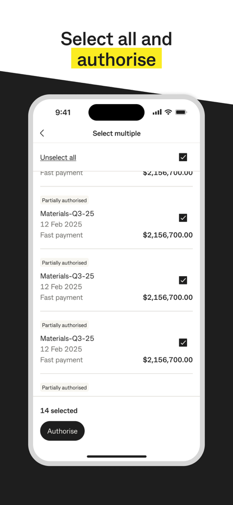 CommBiz - CommBiz app interface showing multiple high value business payments selected for authorization