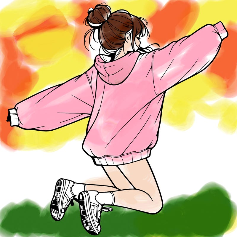 realistic girl jumping with a bun and oversized sweatshirt
