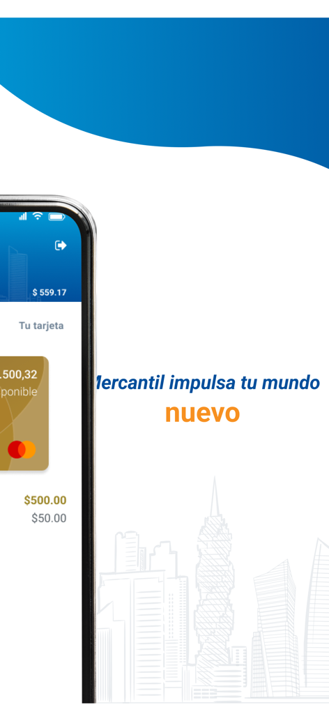 Mercantil Banco Panamá - Mercantil Banco Panama mobile banking interface showing account balance and card details with a skyline background