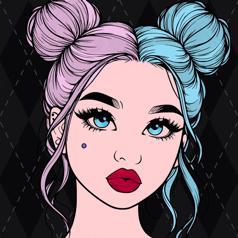 realistic girl with two buns on her hair and lips