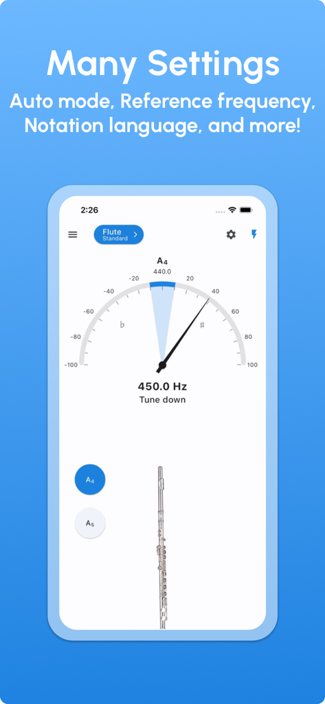 Flute Tuner - LikeTones - Flute tuner app interface showing pitch gauge and frequency settings