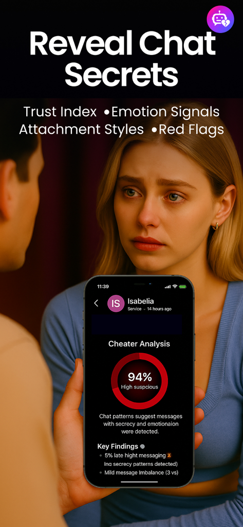 Red Flag: Chat Report Insights - A distressed woman looks on as a phone displays a 94 percent high suspicion cheater analysis report from the Red Flag app.