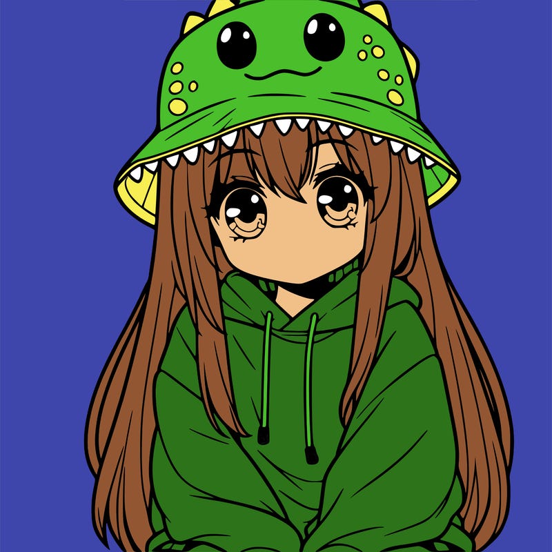 girl with anime shaped eyes with a dinosaur bucket hat oversized sweatshirt long straight hair