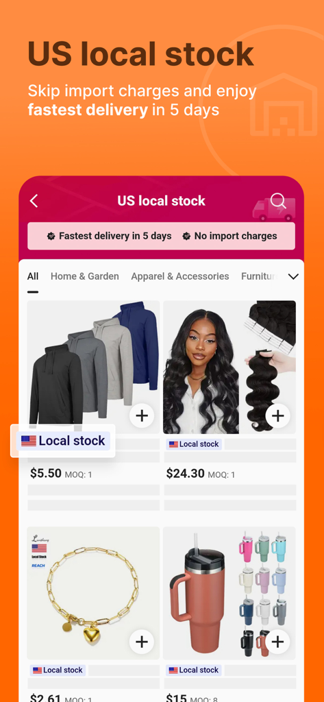 L'application Alibaba affiche les produits en stock aux États-Unis pour une livraison rapide et sans frais d'importation.