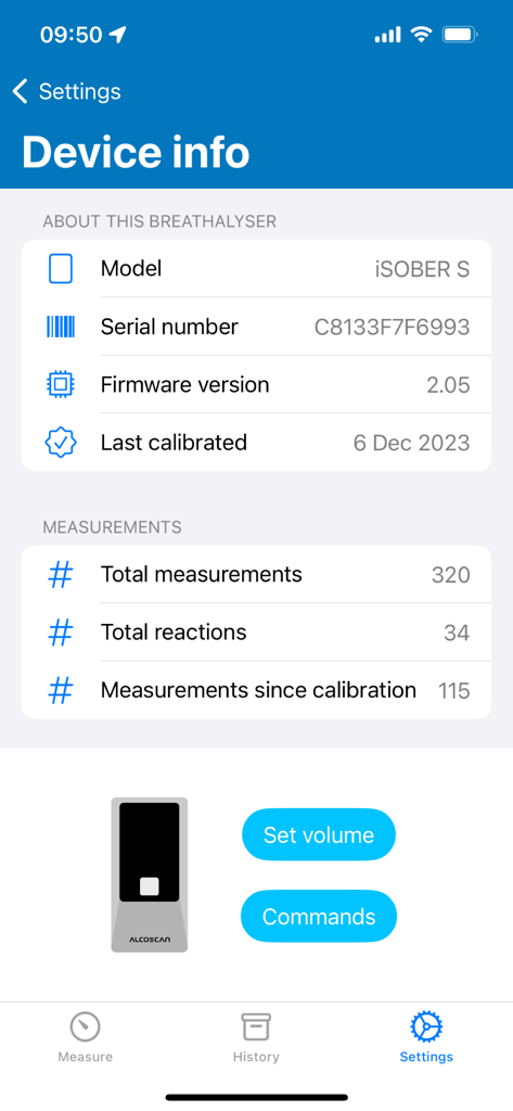 iSober - Screenshot of the iSober app Device Info screen showing model details serial number and breathalyzer measurement statistics