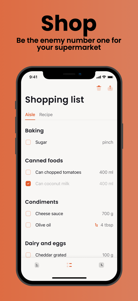 Cook: Cooklang recipe app - A minimalist mobile shopping list interface organized by store aisles showing ingredients like baking sugar and canned goods with precise quantities.