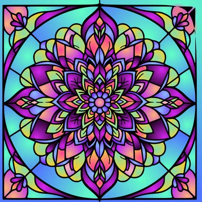 mandala flower design, stained glass window.