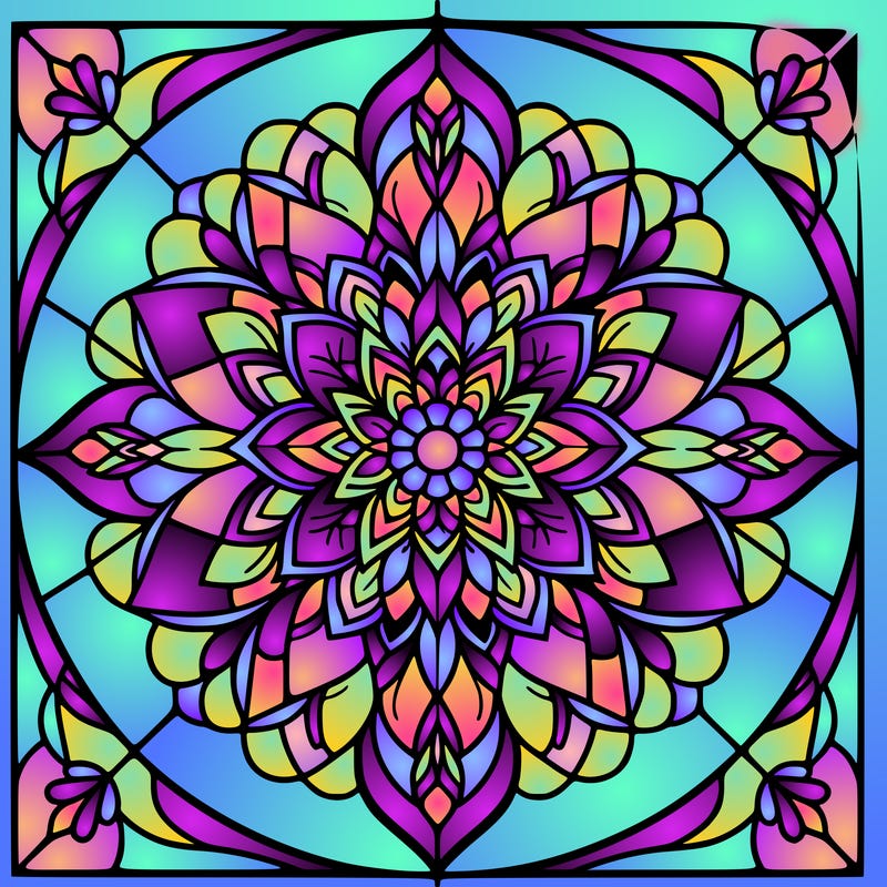 mandala flower design, stained glass window.