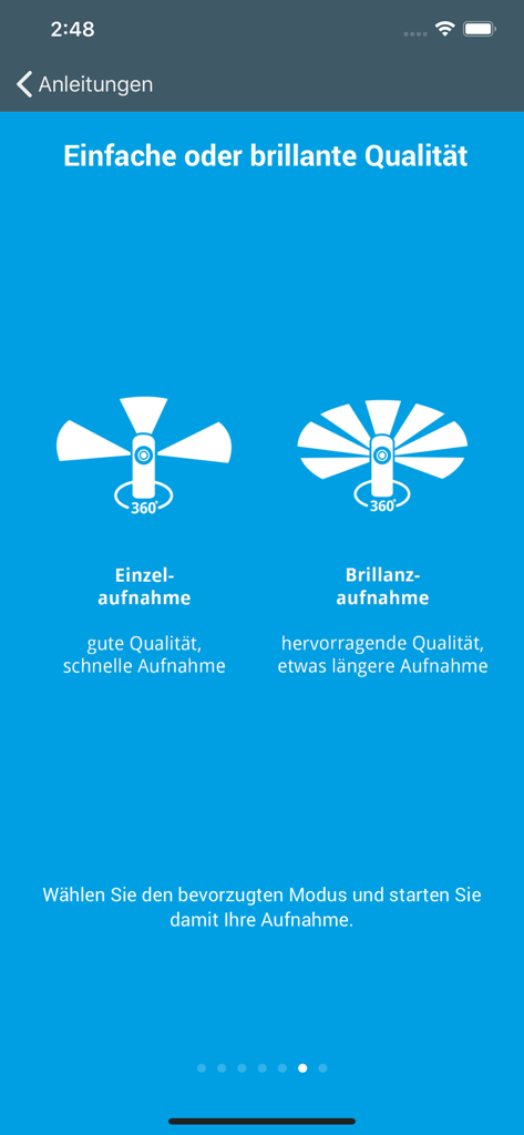 Tela de seleção de qualidade de captura no aplicativo 3D-Scan para imagens de ambientes em 360 graus.