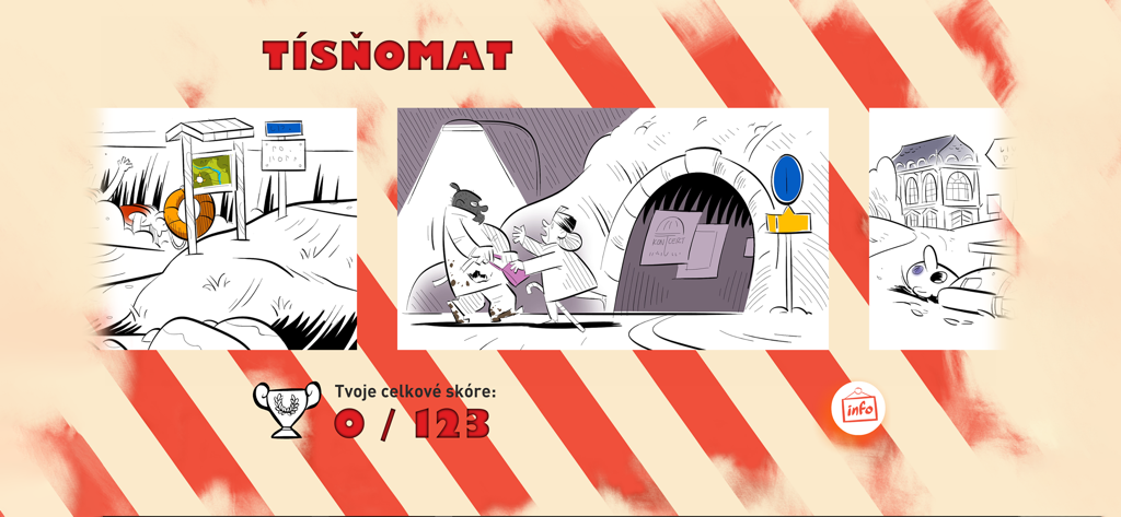 Tísňomat - nácvik volání - Menú principal de la aplicación de práctica de llamadas de emergencia con ilustraciones de escenarios y rastreador de puntuación